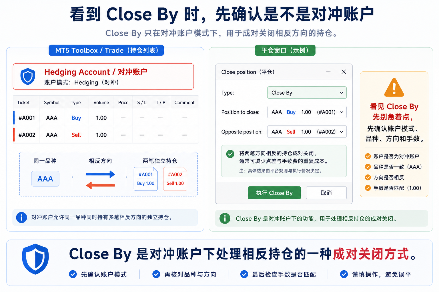 看到 MT5 Close By 平仓选项时，先确认是否为对冲账户以及准备关闭哪两笔仓位